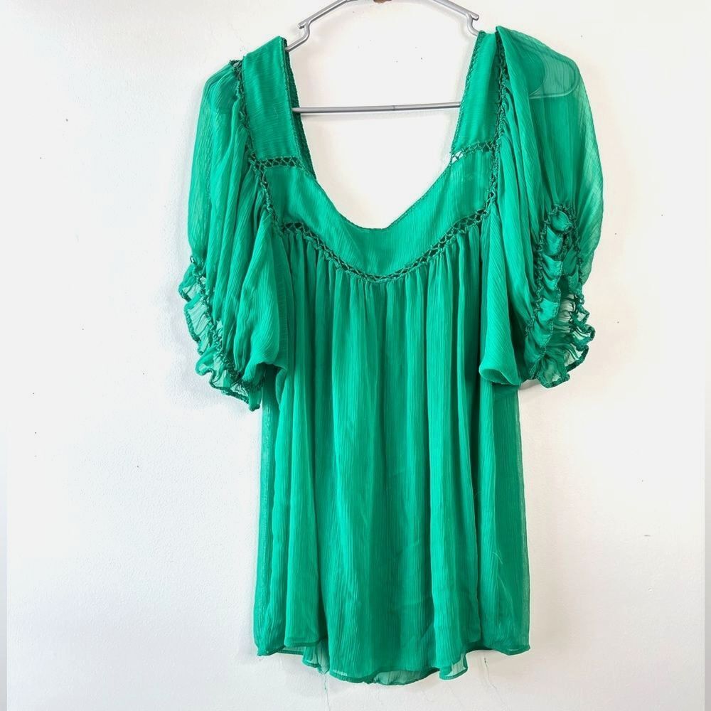 Boho Peasant Blouse Green Flowy Festival Cottagecore Top ICE Size 14